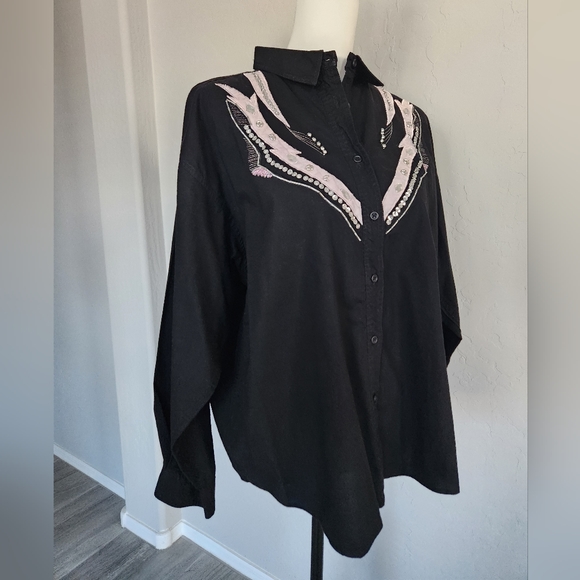 Vtg Gitano Western Button Up Collar Black Pink Bling Seqin Bead Satin Sz L - Picture 5 of 14
